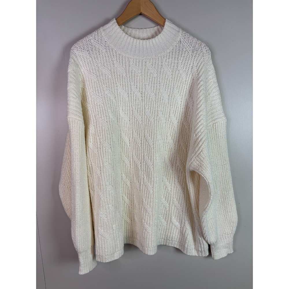 J. Crew Sweater 2X Ivory Chunky Cable Knit Crew Neck Pullover Cotton Blend Women